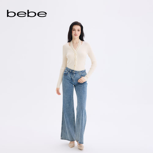 bebe女士含棉极简通勤风高腰阔腿拖地牛仔裤311018