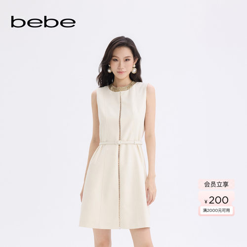 bebe女士温柔小香风轻奢重工无袖A版连衣裙350010