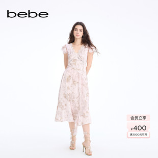 bebe2026春季新款女士蕾丝拼接不对称下摆设计连衣裙150010