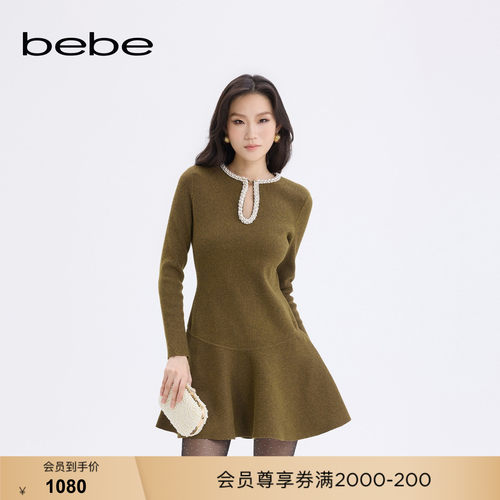 bebe秋冬女士水滴领长袖鱼尾设计连衣裙430915