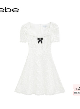 bebe2025秋冬新款女士气质风蕾丝花边蝴蝶结装饰连衣裙350030