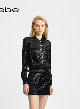 bebe冬季系列女士经典包臀衬衫廓形丝绒珠片装饰连衣裙450009