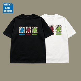 夏季 男款 纯棉t恤短袖 复古卡通印花情侣半袖 上衣打底衫 美式 威逸狮