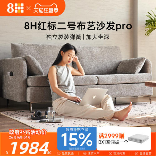 8H 新款布艺沙发客厅直排现代简约独立袋弹簧三人位可拆洗沙发
