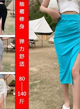 高腰开叉半身裙女夏不规则中长款裙子a字半裙设计感黑色抽绳褶皱