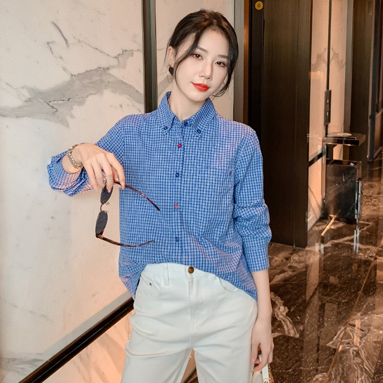 早秋新款英伦风2025年甜美百搭女装单排扣polo领减龄格子纯棉衬衫