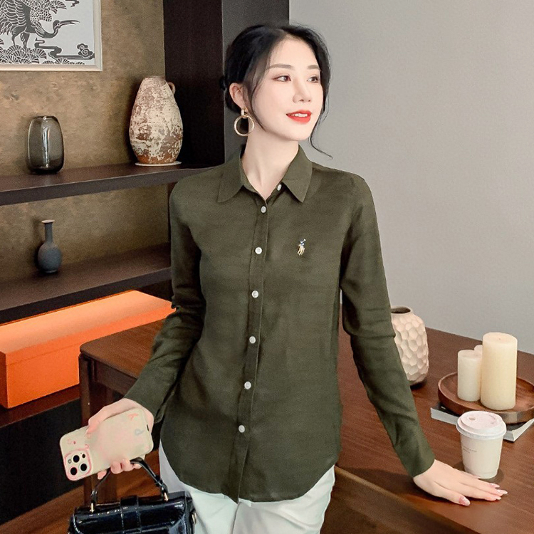早秋新款英伦风2025年清新减龄纯色女装单排扣polo领通勤长袖衬衫