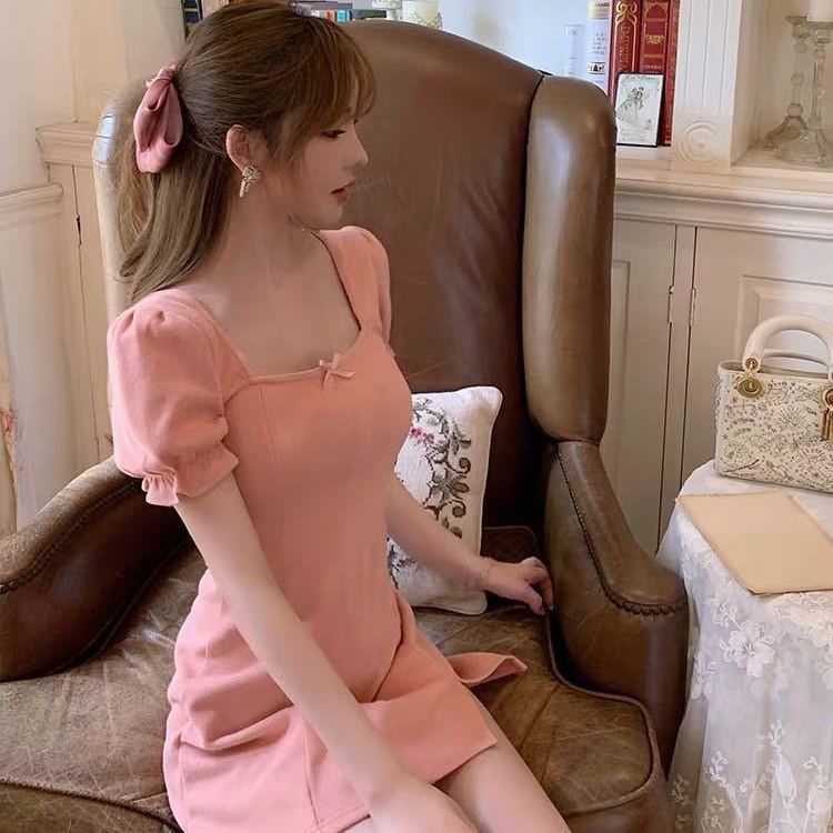 French retro square neck bubble sleeve dress new style in summer