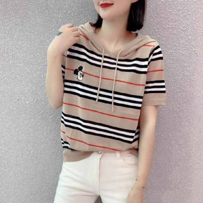 Europe station summer 2021 new short sleeve T-shirt with drawstring hood embroidery Mickey head stripe ice silk T-shirt for women