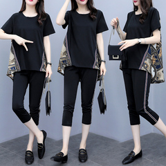 Summer big women's new style western style age reducing Capris suit casual loose show thin two piece set fashion