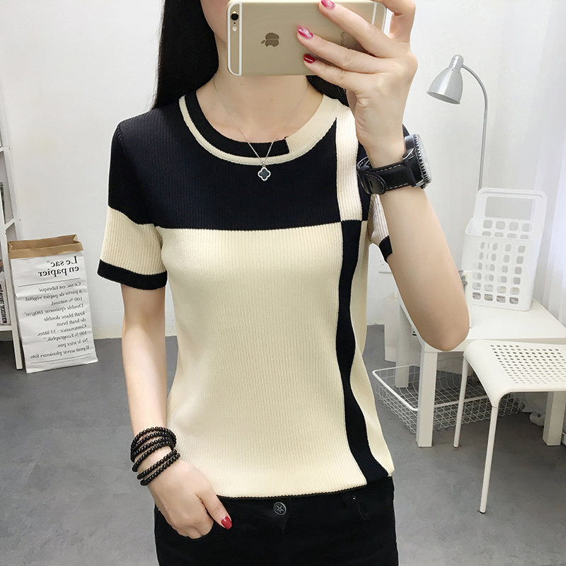 Real t-shirt female summer short sleeve Pullover round neck color matching ice silk sweater fashion thin Korean top