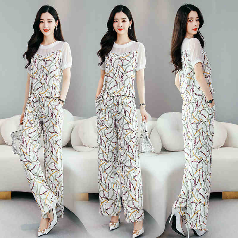 Suit small fragrance wide leg pants suit women's summer new style imperial sister temperament show thin foreign style printing two piece set