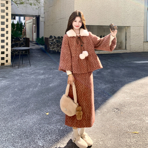 法式复古毛呢套装女2025冬季新款设计感翻领保暖淑女风时尚套装图片