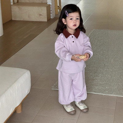 儿童两件套秋季2025新款韩版童装宝宝衣服秋款女童翻领卫衣套装棉