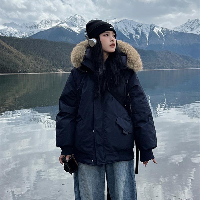 冬季户外加厚棉衣女美式复古派克服大毛领外套连帽短款羽绒棉服