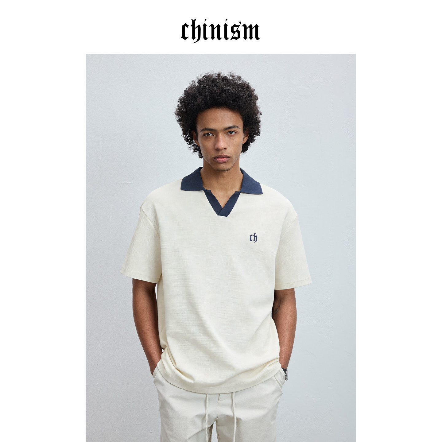 CHINISM丨老钱风海鸥领Polo衫男字母logo翻领短袖/CXHB31H3023