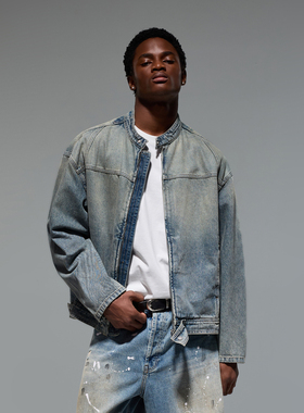 CHINISM丨立领牛仔外套男美式复古机车黑色牛仔衣休闲哈灵顿夹克