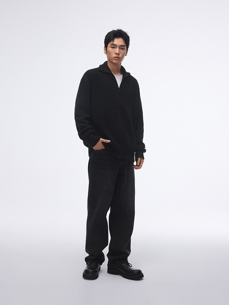 CHINISM CH 그레이 심플 스탠드 칼라 지퍼 가디건 스웨터 남성 겨울 아메리칸 캐주얼 스웨터 재킷