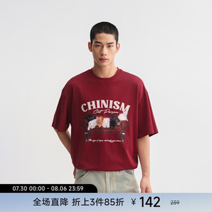 猫咪印花短袖 美式 CHINISM赤尘 T恤男新款 上衣 亲肤纯棉半袖 男士