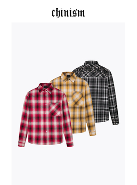 CHINISM丨黄色格子长袖衬衫男秋季翻领纯棉情侣衬衣薄款外套