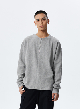 CHINISM丨亨利领长袖灰色美式华夫格t恤男新款男士内搭打底衫