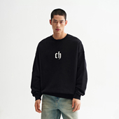 男士 CHINISM 黑色无帽上衣 男生美式 长袖 CH经典 圆领卫衣男新款