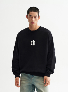 CHINISM丨CH经典圆领卫衣男新款男生美式长袖男士黑色无帽上衣