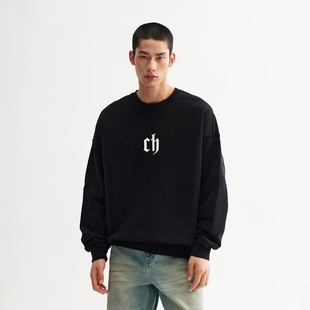 CH经典 男士 圆领卫衣男新款 长袖 黑色无帽上衣 男生美式 CHINISM
