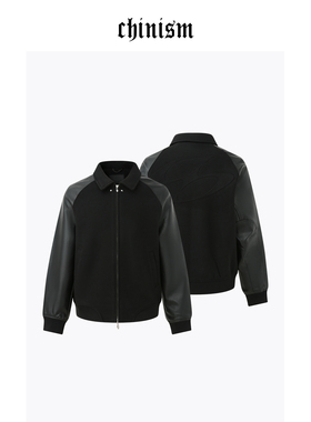 CHINISM丨黑色翻领PU皮夹克男秋季新款美式拼接毛呢男士外套