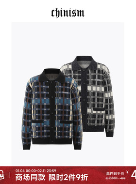 CHINISM丨格子提花翻领开衫毛衣冬季男士针织外套/CXHB43A8033