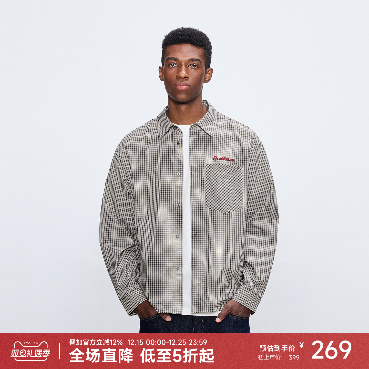 CHINISM赤尘 幸运之符长袖格子衬衫男秋季新款美式复古刺绣衬衣