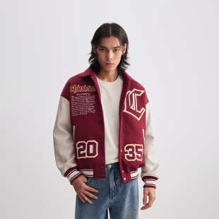 CHINISM 男生刺绣夹棉加厚保暖外套 毛呢拼接翻领棒球夹克男美式