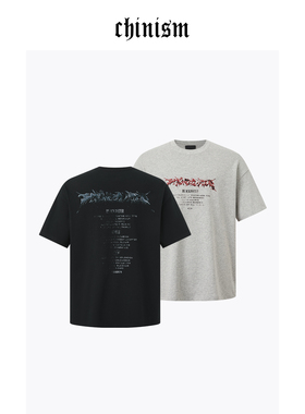 CHINISM丨花灰色字母印花t恤男夏季新款美式纯棉透气男士短袖
