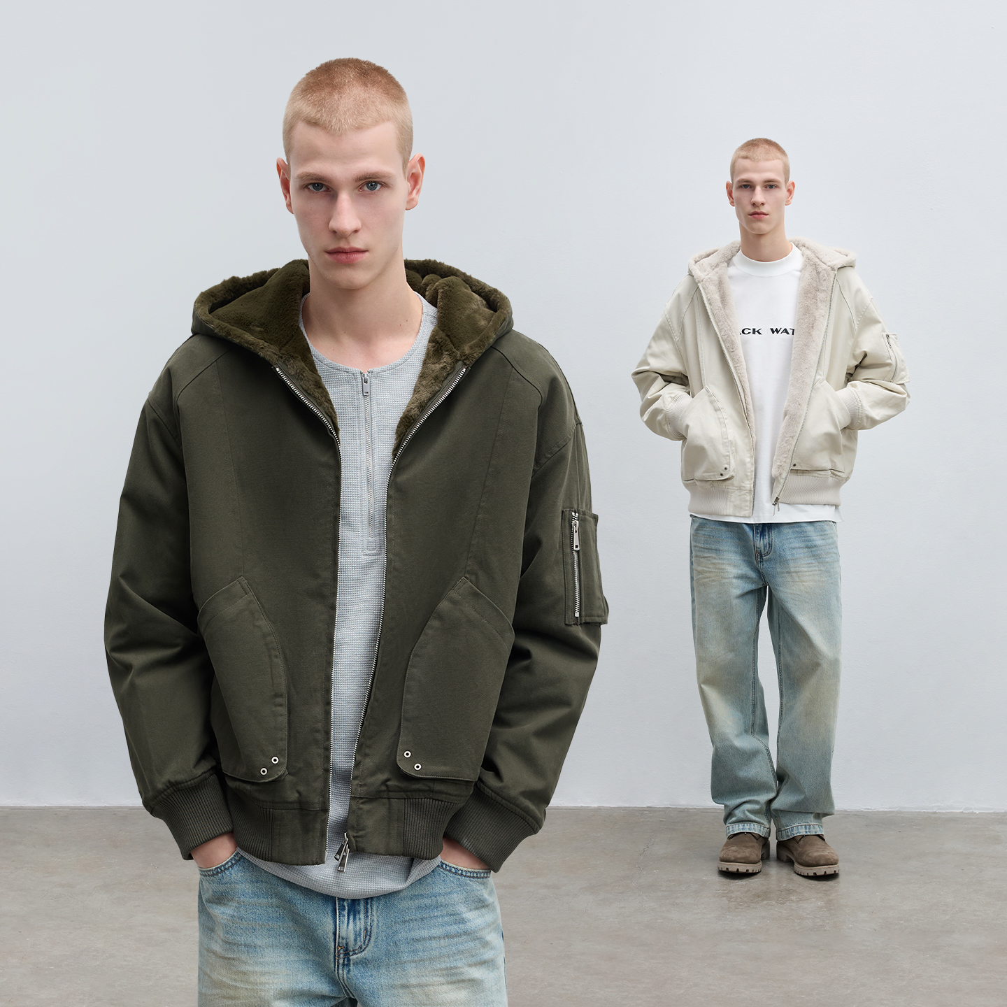 CHINISM赤尘拼毛料宽松连帽棉服