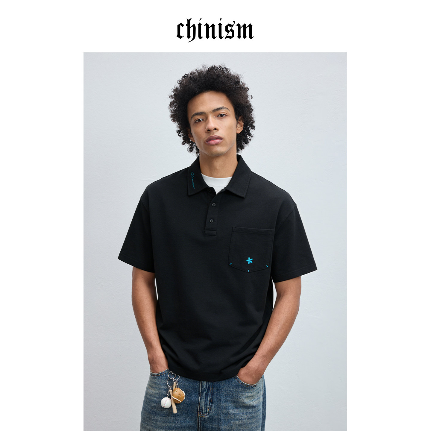 CHINISM丨撞色口袋绣花短袖polo衫男夏季新款轻薄男士休闲上衣