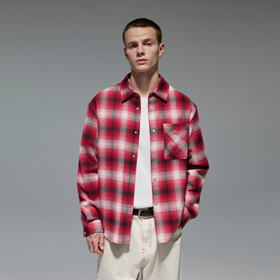 男秋季 格子衬衫 复古休闲男生衬衣外套 红色纯棉长袖 CHINISM