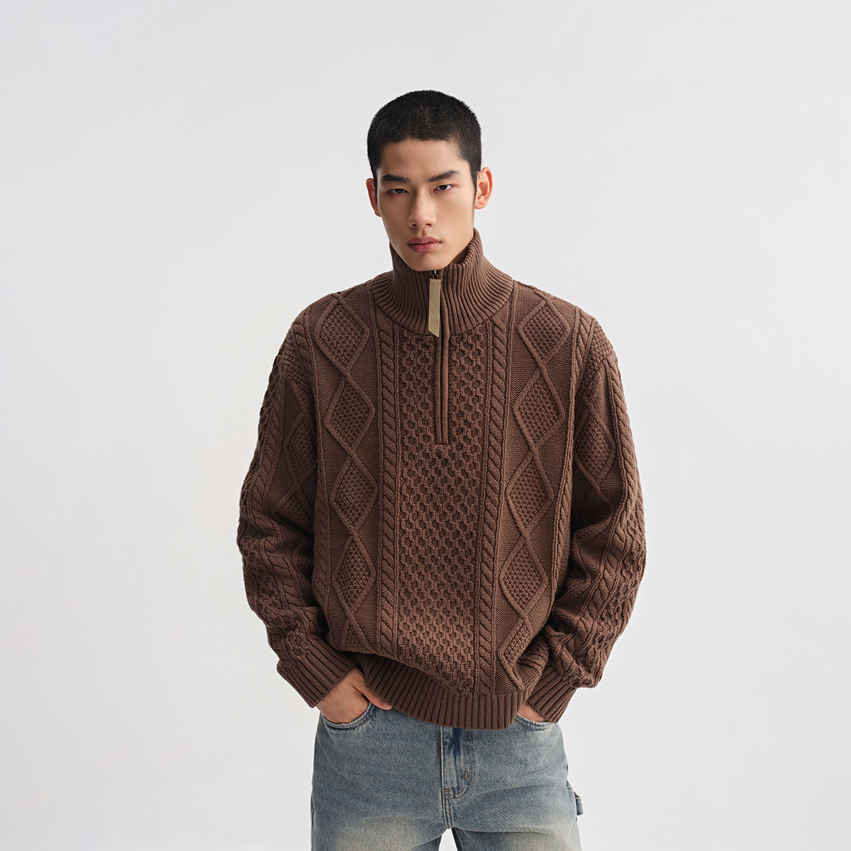 CHINISM赤尘半拉链绞花毛衣男