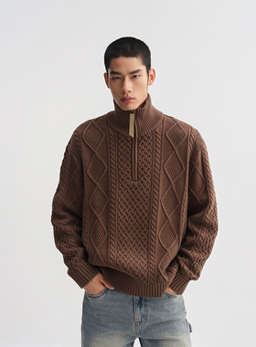 CHINISM丨立领半拉链绞花毛衣男冬季美式复古针织衫男士休闲上衣