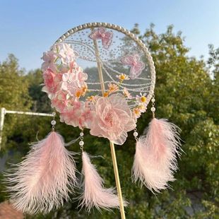 古风长柄汉服手工圆扇儿童古风扇子汉服刺绣圆扇仙气丝带刺绣团扇