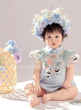 儿童摄影道具蓝色复古古风簪花头饰主题婴儿拍照周岁女宝影楼道具