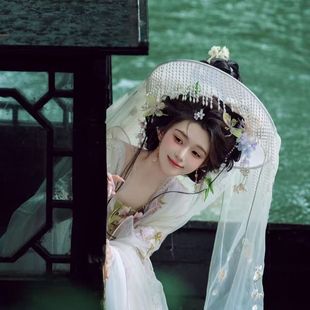 花神斗笠帷帽素胚古风斗笠遮阳帽飘逸面纱女写真流苏影视摄影道具