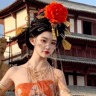 新款唐代簪花国色芳华复原发夹汉服古装造型仿真花朵敦煌仙旅拍女