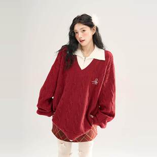 AONW新年红色毛衣女翻领拼接假两件学院风秋冬宽松本命年穿搭上衣