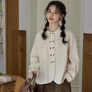 2025秋冬新款日系文艺复古设计感双排扣小立领百搭口袋长袖衬衣女