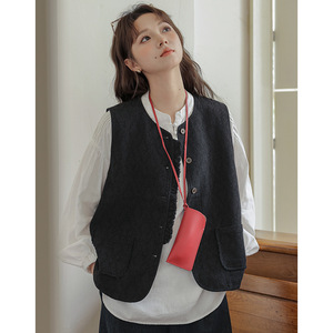 ins马甲小外套女2025秋冬新款叠穿小众设计感拼接木耳边圆领马夹