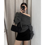 因也YINYE 灰色一字肩韩系针织衫女秋冬季慵懒风套头毛衣气质上衣