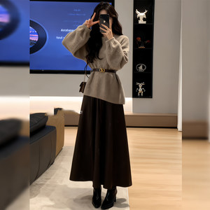 冬季一整套穿搭高级感轻熟风针织毛衣中长款半身裙显瘦气质两件套
