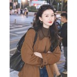 覆古翻领polo外套开衫女深冬厚款棕色巨好看独特气质撞色宽松夹克