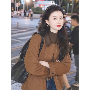 覆古翻领polo外套开衫女深冬厚款棕色巨好看独特气质撞色宽松夹克