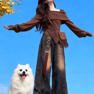 美式复古一字肩毛衣女冬季2025新款高级感慵懒风不规则针织衫上衣